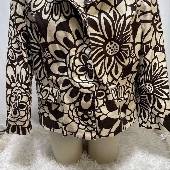 Chico's Floral Cotton Blazer Jacket Brown Cream Cotton Stretch Chico's Size 2 - Picture 4 of 8